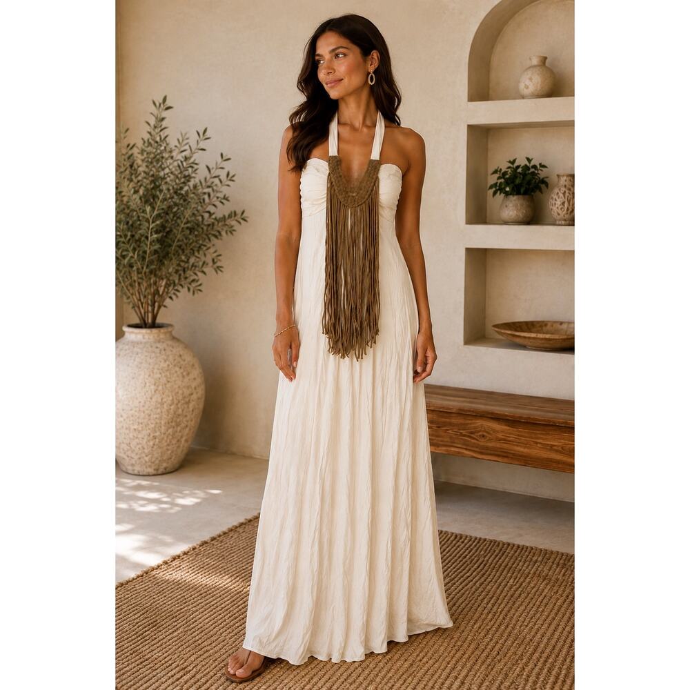 Sky | Braided Fringe Halter Maxi Dress NWOT